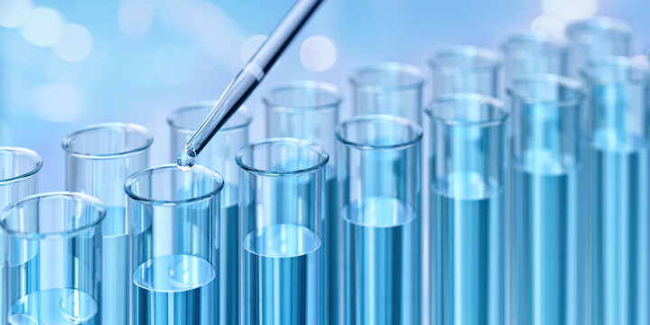 Test tubes filled with blue liquid. A pipette is dispensing a droplet. Scientific chemistry research, analysis. Laboratory setting, medicine development, biotechnology, pharmaceutical, medical lab, 3D