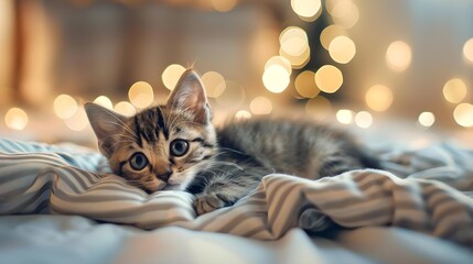 Cute little kitten on bed. Caring for pets