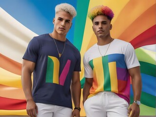 Portrait of a happy male couple with hair in LGBD colours LGBT concept and pride.