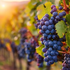 Fototapeta premium Sunlit Vineyard with Clusters of Ripe Grapes