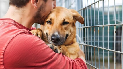 Male volunteer hugging dog in shelter