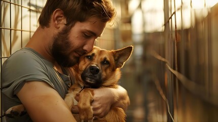 Male volunteer hugging dog in shelter