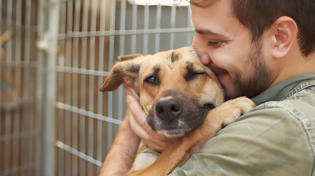 Male volunteer hugging dog in shelter