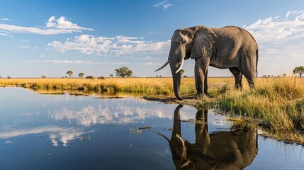 beautiful landscape with an elephant drinking water in a small lake in Africa with a blue sky