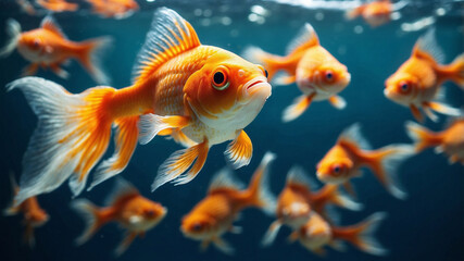 Vibrant Goldfish Swimming in Clear Teal Water