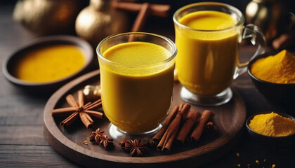 Traditional Indian golden milk with turmeric, cinnamon and ginger. 