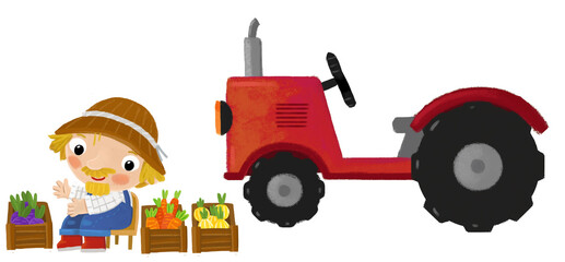 cartoon scene with farmer man standing doing some activity near tractor isolated background illustation for children