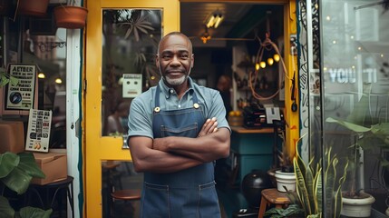 Small business owner at entrance looking at cafe