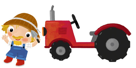 cartoon scene with farmer man standing doing some activity near tractor isolated background illustation for children