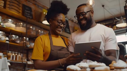 Small business owner showing employee new plan