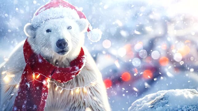 a festive wallpaper featuring cute bear dressed in Santa hats and scarves, christmas decoration tree. seamless looping time-lapse virtual 4k video animation background