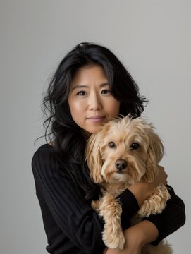 Asian woman in a black sweater holding her fluffy light brown dog on a neutral background