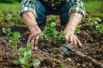Fototapeta premium Sustainable farming with happy farmer in eco friendly garden.