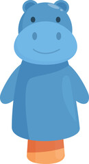 Cartoon blue hippopotamus hand puppet smiling isolated on white background