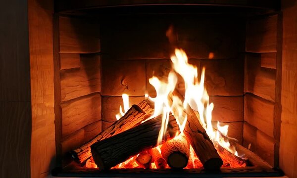 Cozy Fireplace Flames: A captivating image of a crackling fire in a traditional brick fireplace, casting a warm glow and inviting a sense of comfort and relaxation. The flames dance and flicker, creat