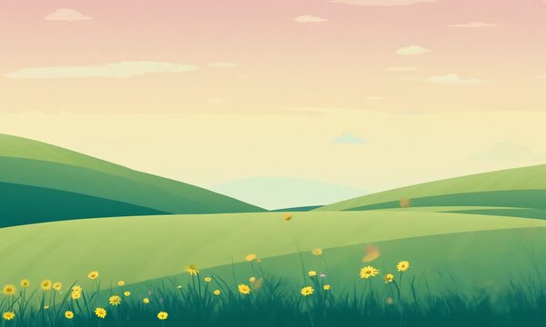 Serene Sunset Valley: A picturesque landscape bathed in the warm glow of a setting sun, where rolling green hills meet a vibrant sky.