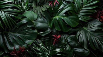 Fototapeta premium A beautiful and artistic arrangement of various green tropical leaves. The leaves display different shades of green and textures, creating a lush and visually stunning composition.