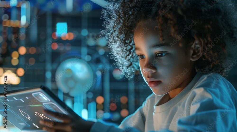 Poster a child explores an interactive tablet, immersed in a glowing, tech-filled learning space, showcasin