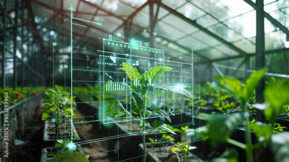 Poster A young plant in a greenhouse is monitored by a digital interface displaying data and graphics.