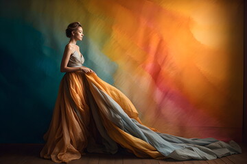 Naklejka premium Elegante Frau in fließendem Kleid vor farbenfrohem Hintergrund - Kunstvolles Modeporträt - Ai-Ki generiert