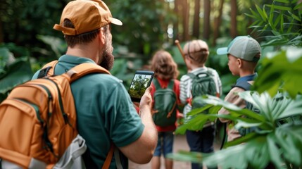 An adult man, carrying a backpack, leads a group of children on a nature hike through a dense, woody forest, showing them a vibrant plant on a tablet.