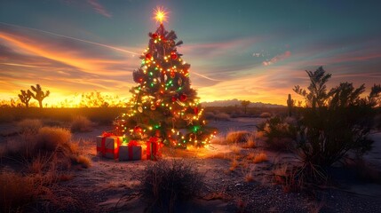 Festive Christmas tree with illuminated decorations