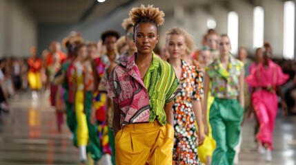 A stylish fashion show runway showcasing models in colorful, patterned outfits walking confidently down the catwalk, highlighting modern fashion trends and diversity.