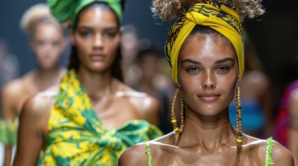 Obraz premium A striking model with a bright yellow headwrap and green patterned outfit posing confidently on the runway, representing bold fashion choices and cultural expression.