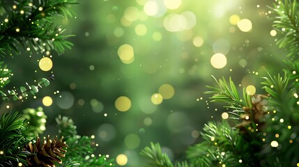 Festive green holiday background with Christmas decorations