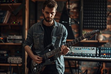 Obraz premium Young handsome creative man with a guitar in the darkness of a music studio toned background