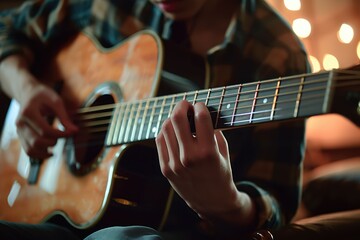 Fototapeta premium Young man playing on acoustic guitar close up