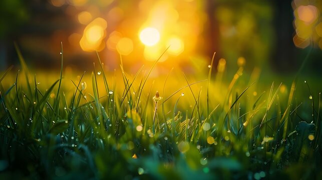 Macro shot of green grass in a summer forest at sunset