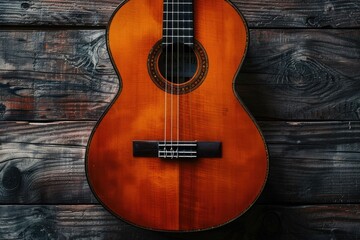Obraz premium Classical guitar close up. Acoustic guitar on wood background.Music instrument concept