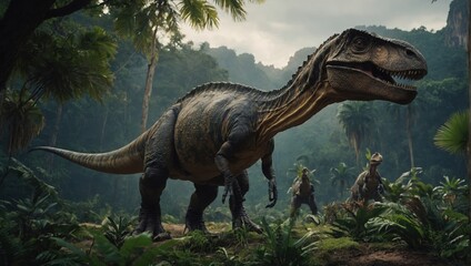 Fototapeta premium Revealing the mysteries of the lost world and the grandeur of its dinosaur inhabitants