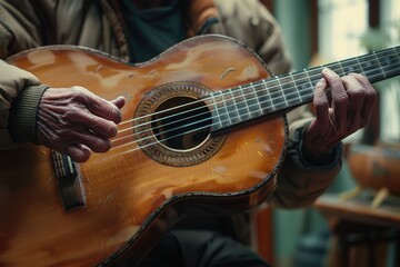 Obraz premium Man playing guitar at home learning music with passion.