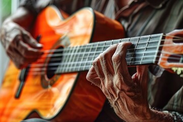 Obraz premium Man playing guitar at home learning music with passion.