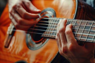 Fototapeta premium Learning Acoustic Guitar. Hands on the String Instrument Closeup Photo.