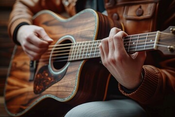 Obraz premium Learning Acoustic Guitar. Hands on the String Instrument Closeup Photo.