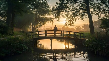 Man on a small bridge enjoying a tranquil dusk