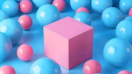 Pink box among blue spheres