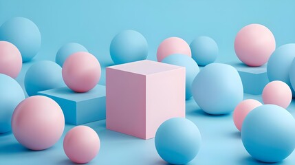 Pink box among blue spheres