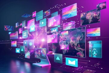 Fototapeta premium Laptop with glowing digital images forming network.