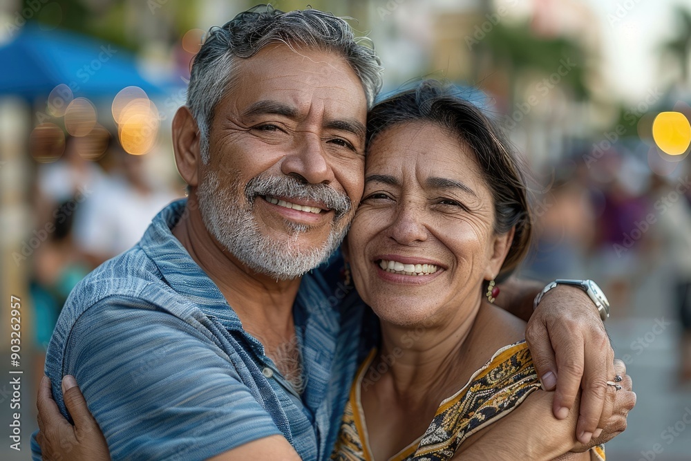 Canvas Prints Middle age hispanic couple smiling happy hugging at the promenade.