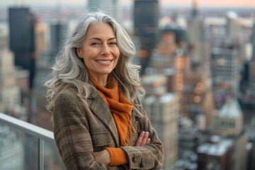 Fototapeta premium Happy middle aged woman in city.