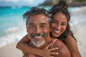 Fototapeta premium Middle aged Hispanic man happily carrying woman at beach.