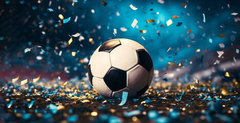 Naklejka premium Soccer Ball football and confetti in Stadium