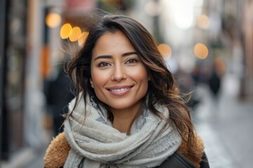 Confident middle aged Hispanic woman smiling on street