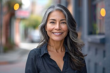 Confident middle aged Hispanic woman smiling on street