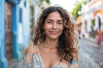Confident middle aged Hispanic woman smiling on street