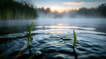 Fototapeta premium Peaceful dawn scene showing rippling water surface, surrounded by a misty landscape, with reeds and soft lighting, emphasizing tranquility and the beauty of nature at sunrise.
